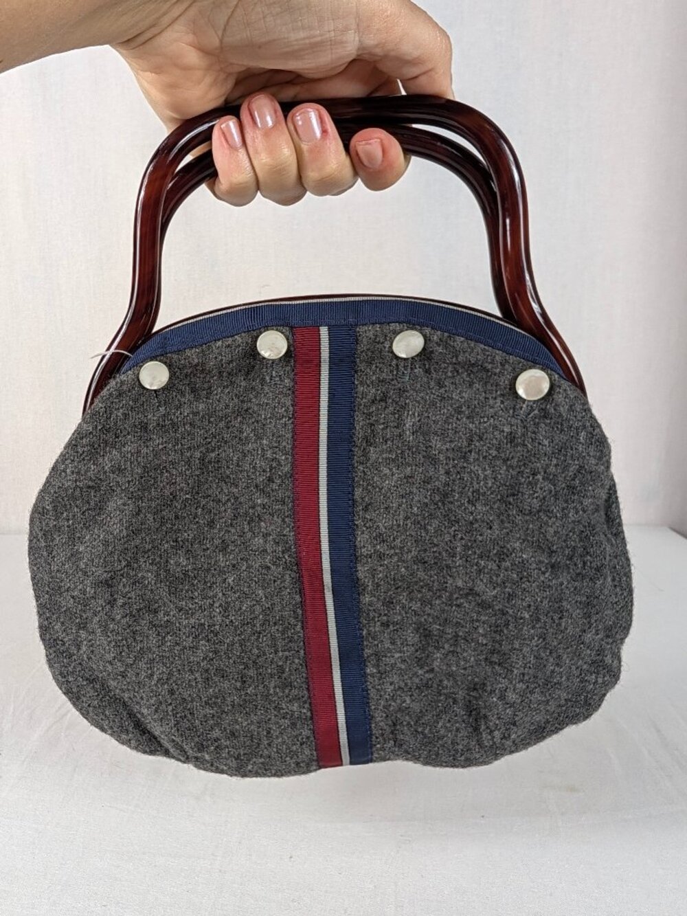 De'Lanthe Vintage Purse Gray Tweed Ribbon Acrylic Lucite Handles Interchangeable